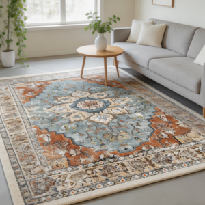 Flatweave Distressed Area Rug, Green Brick Rust