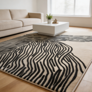 Washable Geometric Pattern Low-Pile Rug, Cream & Dark Brown
